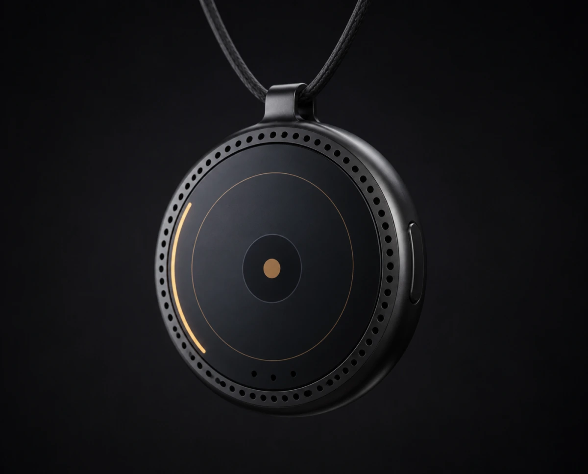 The Enatic AI pendant — a circular anodised aluminium pendant on a dark chain, with a ticked bezel, a glowing amber listening arc, a gold centre dot and three microphone ports along the lower edge.